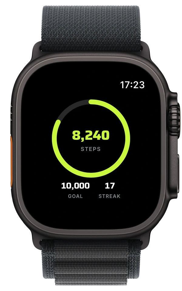 Flyback on Apple Watch Ultra showing a step ring, step count and streak